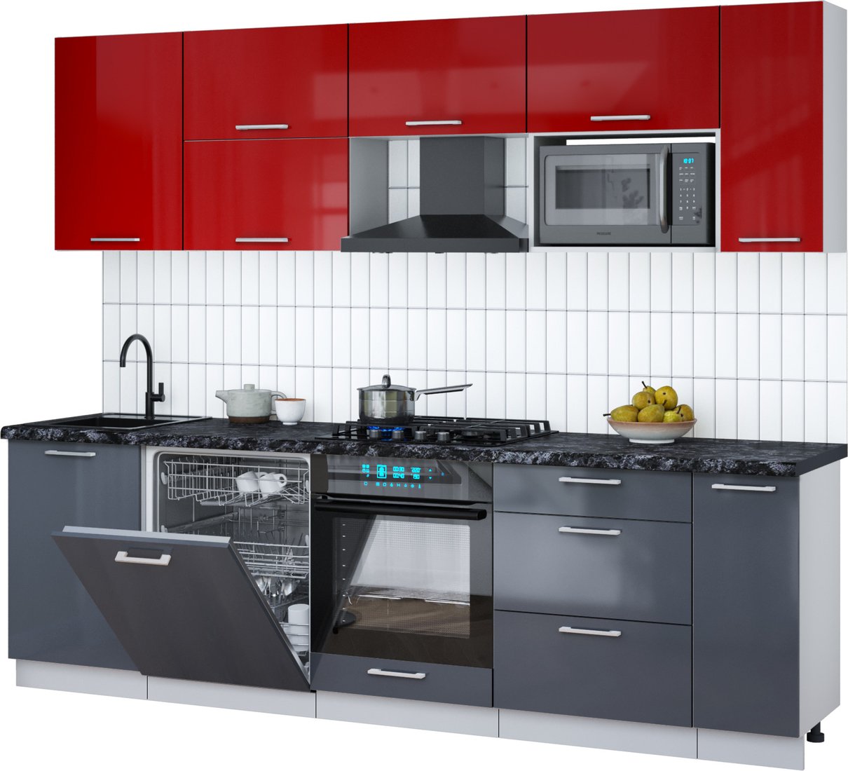 

Готовая кухня Интерлиния Мила Gloss 2.6-ПМ2 (асфальт глянец/красный глянец/кастилло темный)