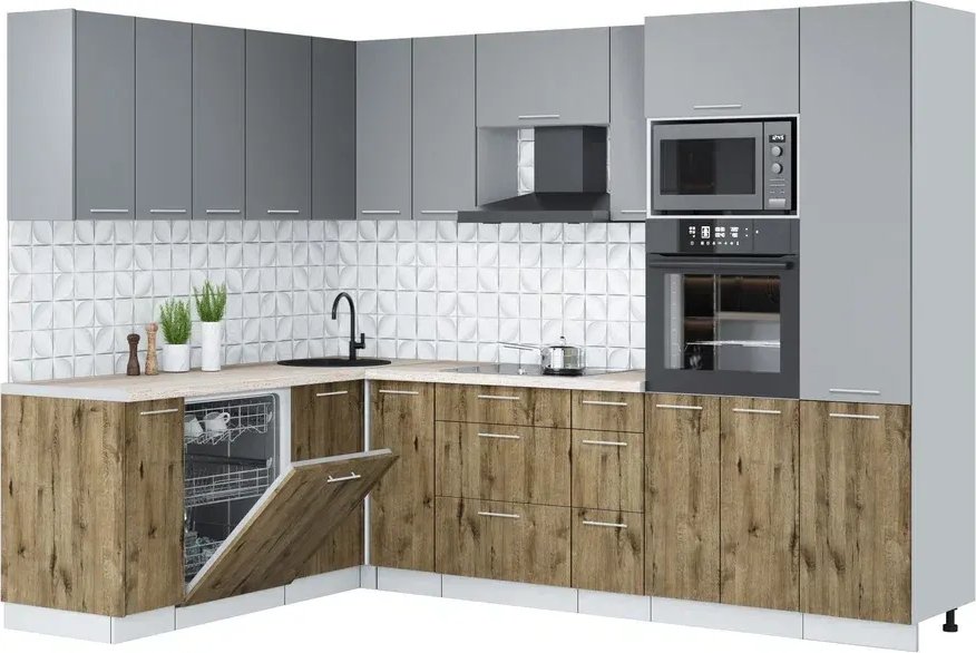 

Готовая кухня Интерлиния Мила Лайт 1.896х2.78 (серебро/дуб веллингтон/травертин серый)