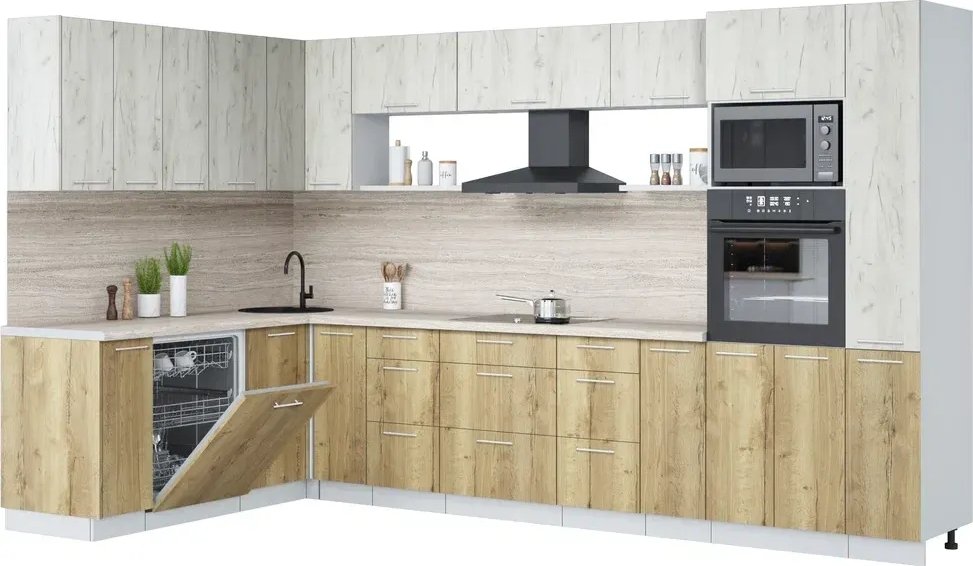 

Готовая кухня Интерлиния Мила Лайт 1.896х3.48 (дуб белый/дуб золотой/травертин серый)