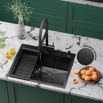 Кухонная мойка Roxen Simple 560220-60B-GR графит/текстурная PVD покрытие (с коландером и дозатором)