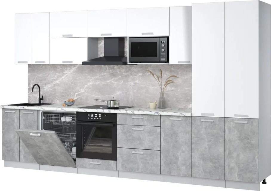 

Готовая кухня Интерлиния Мила Лайт 3.6-ПМ2 (белый платинум/бетон/белый гранит)