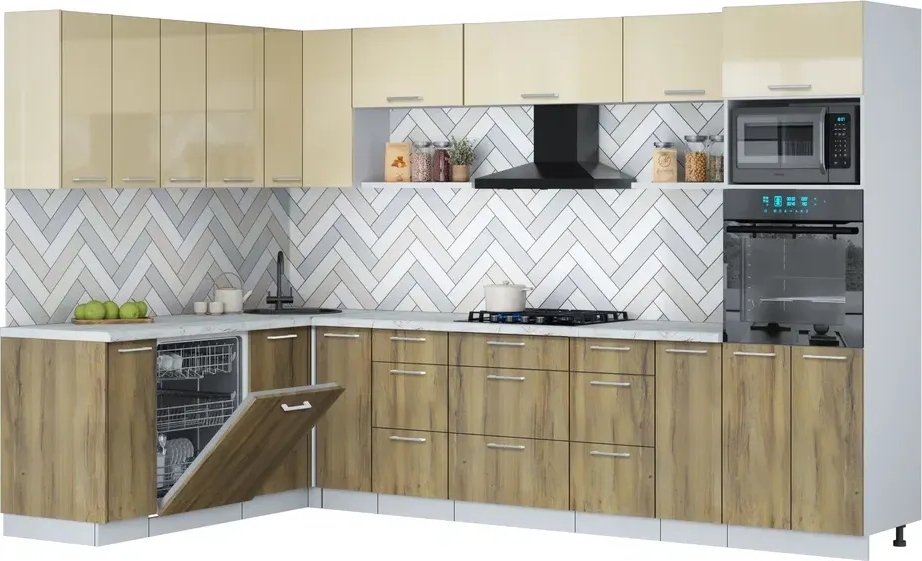 

Готовая кухня Интерлиния Мила Gloss 1.896х3.18 (дуб вотан/ваниль глянец/серый каспий)