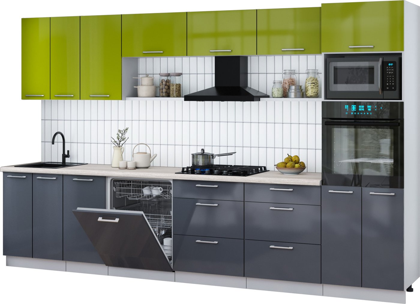 

Готовая кухня Интерлиния Мила Gloss 3.4-ПМ1-2 (асфальт глянец/яблоко глянец/травертин серый)