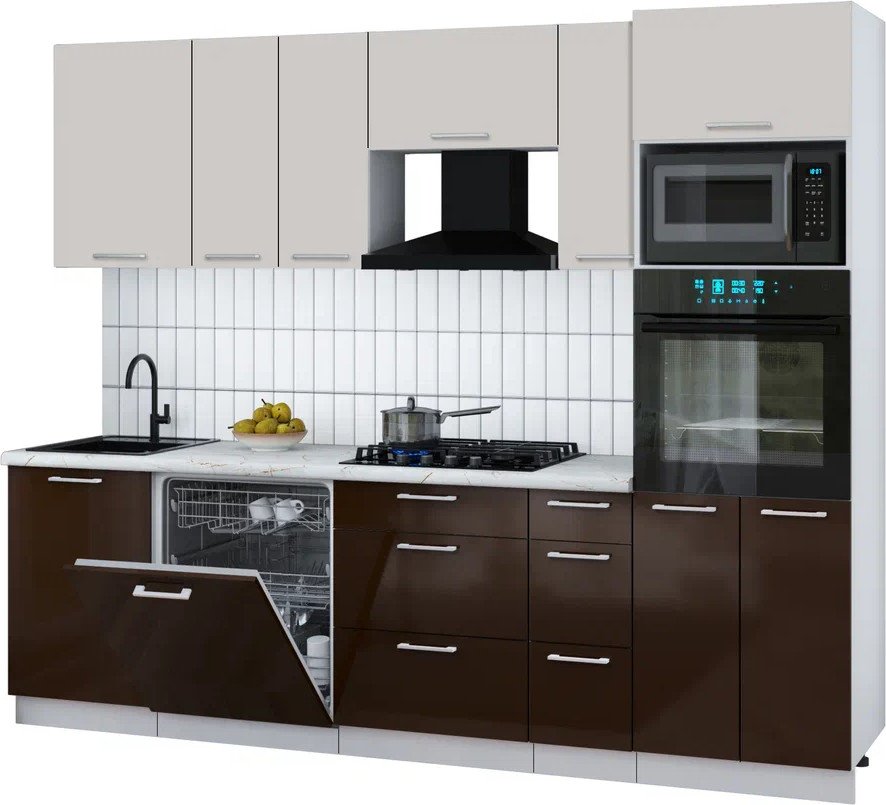 

Готовая кухня Интерлиния Мила Gloss 2.6-ПМ1 (шоколад глянец/кашемир/серый каспий)