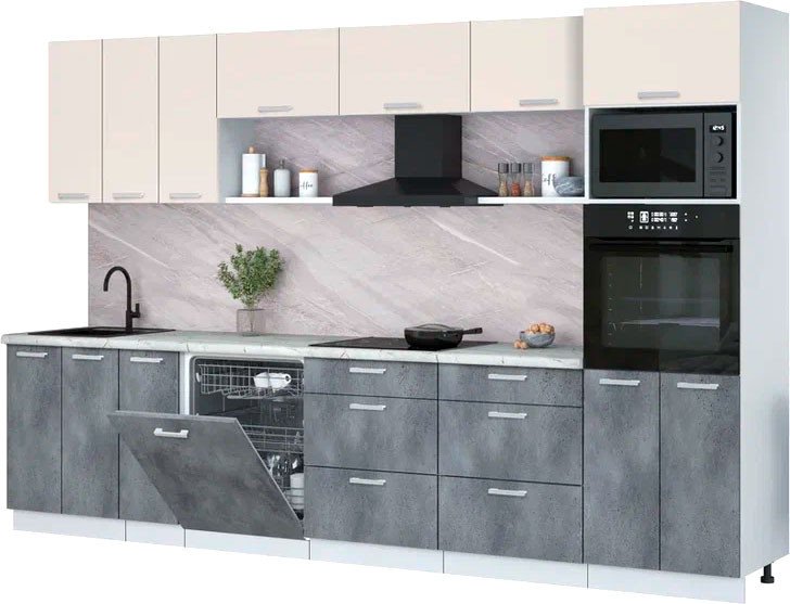 

Готовая кухня Интерлиния Мила Лайт 3.3-ПМ1-2 (персидский жемчуг/бетон портленд/серый каспий)