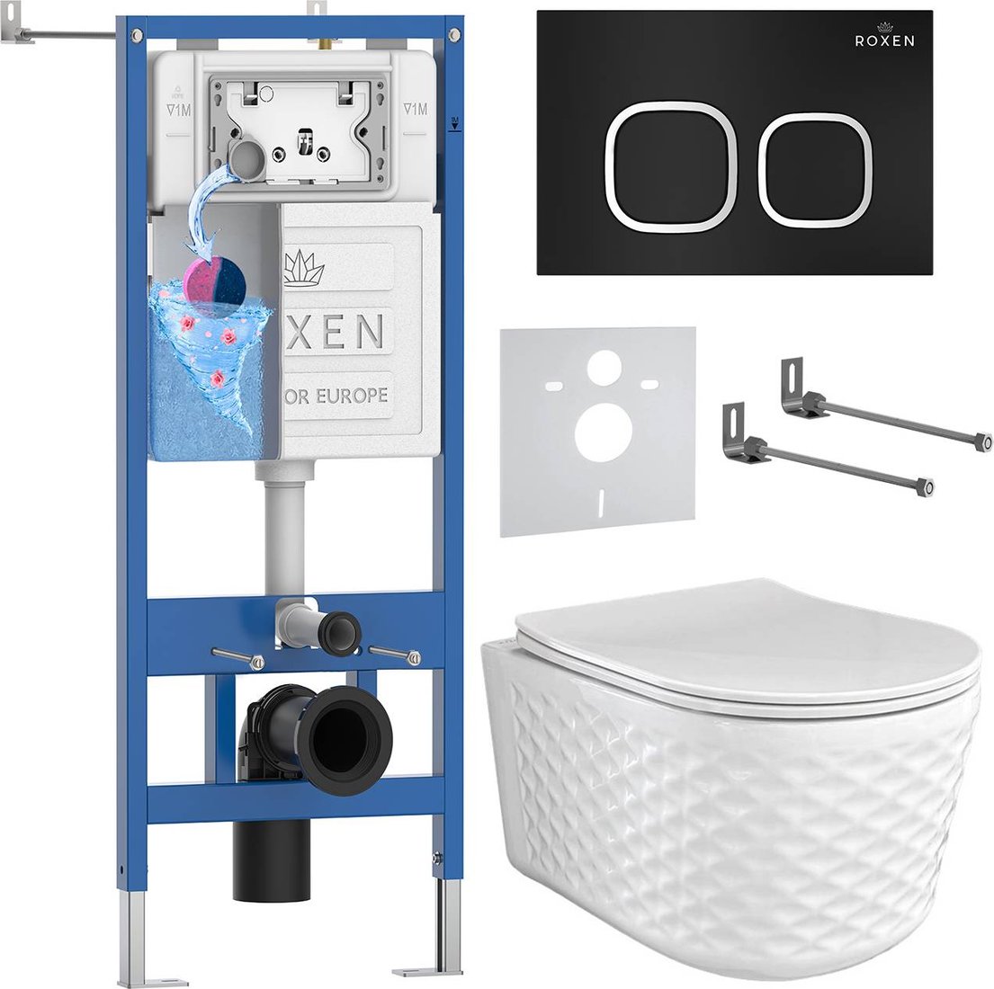 

Унитаз подвесной Roxen Vine Tornado в комплекте с инсталляцией StounFix Dual Fresh 6 в 1 979015 (кнопка: черный матовый)