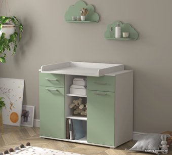 Детский комод Интерлиния Toddler-2 + 2 полки (белый/мята)