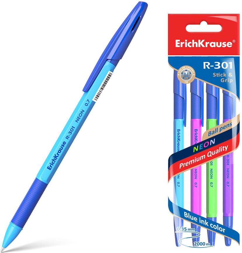 

Набор шариковых ручек Erich Krause R-301 Neon Stick&Grip синий 42023 (4 шт)