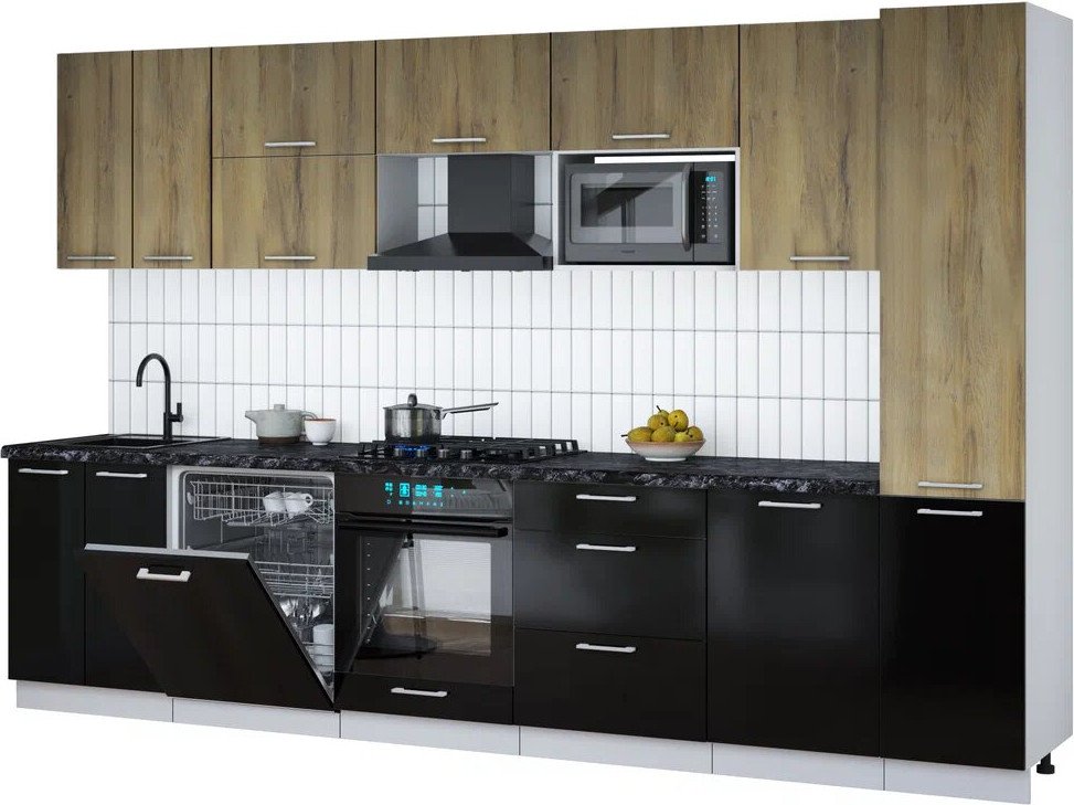 

Готовая кухня Интерлиния Мила Gloss 3.3-ПМ2 (черный глянец/дуб вотан/кастилло темный)