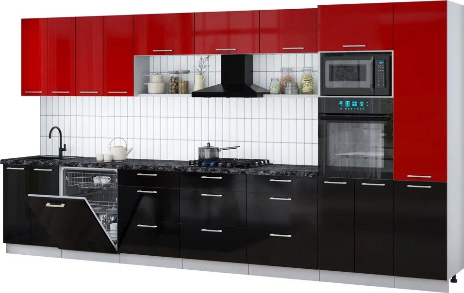 

Готовая кухня Интерлиния Мила Gloss 4.0-ПМ1 (черный глянец/красный глянец/кастилло темный)