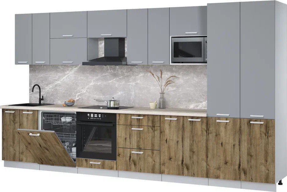 

Готовая кухня Интерлиния Мила Лайт 3.8-ПМ2 (серебро/дуб веллингтон/травертин серый)