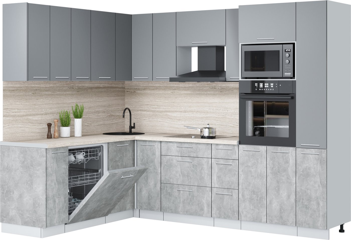 

Готовая кухня Интерлиния Мила Лайт 1.896х2.68 (серебро/бетон/травертин серый)