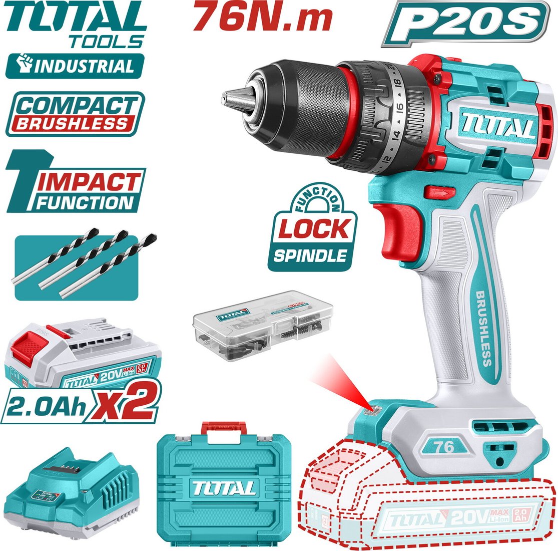 

Ударная дрель-шуруповерт Total TIDLI20768 (с 2-мя АКБ, кейс)