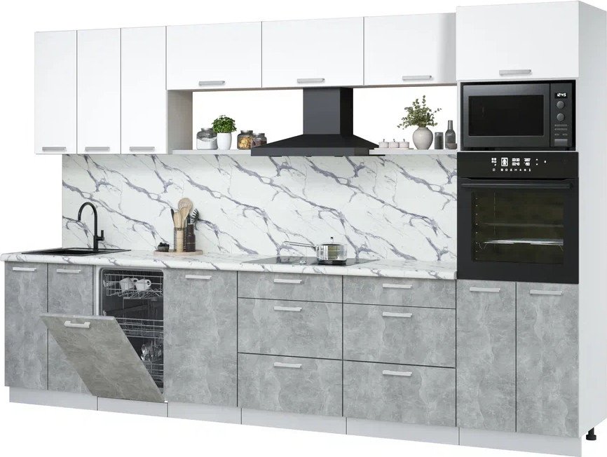 

Готовая кухня Интерлиния Мила Лайт 3.3-ПМ3 (белый платинум/бетон/белый гранит)