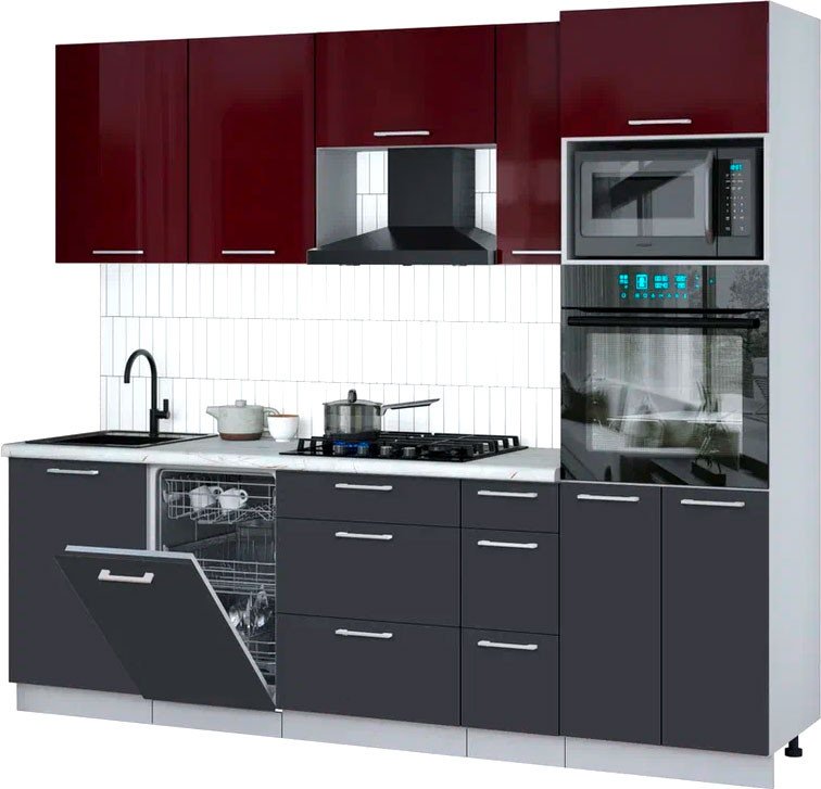 

Готовая кухня Интерлиния Мила Gloss 2.45-ПМ3 (пепел/бордовый глянец/серый каспий)