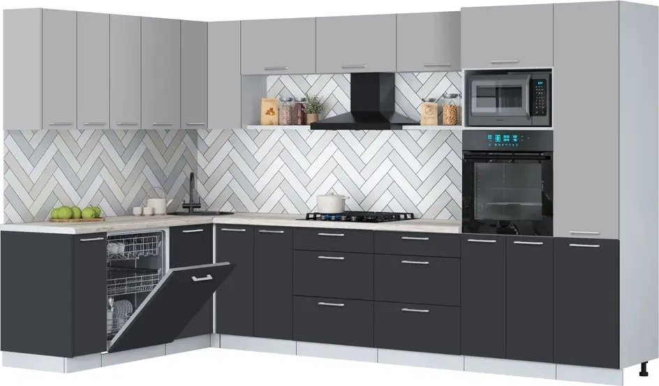 

Готовая кухня Интерлиния Мила Gloss 1.896х3.38 (пепел/грей/травертин серый)