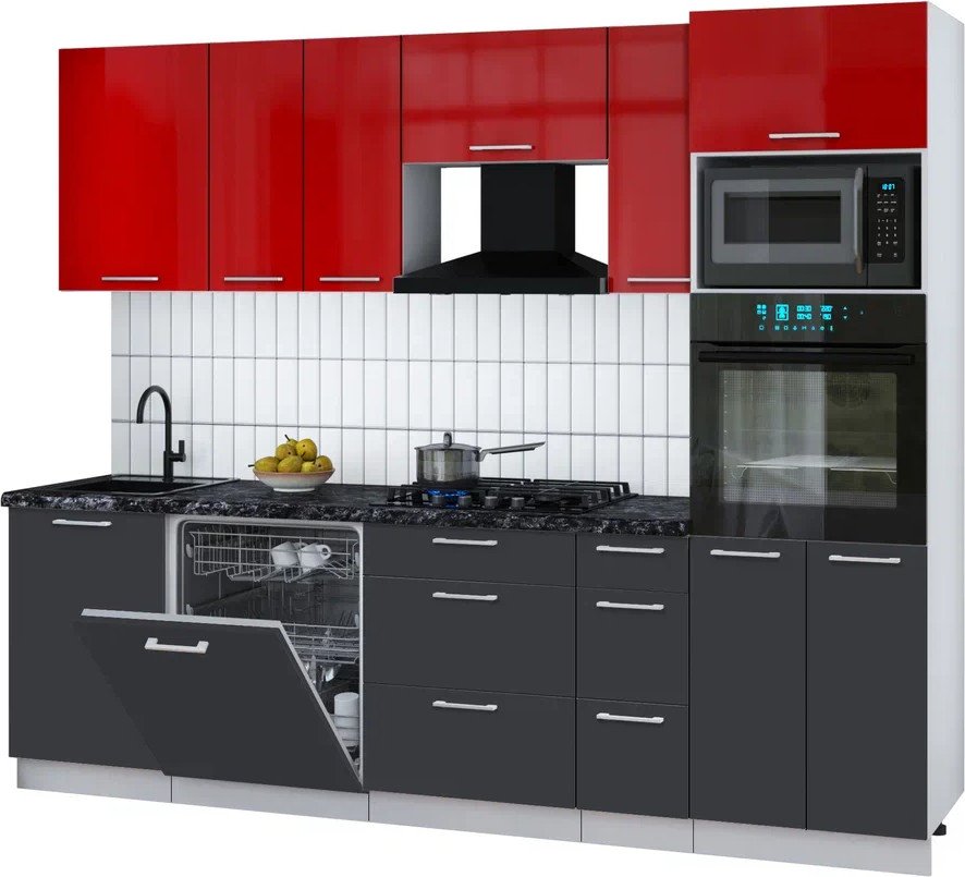 

Готовая кухня Интерлиния Мила Gloss 2.6-ПМ1 (пепел/красный глянец/кастилло темный)