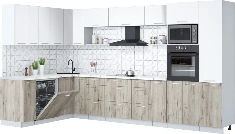 

Готовая кухня Интерлиния Мила Лайт 1.896х3.58 (белый платинум/дуб серый/белый гранит)