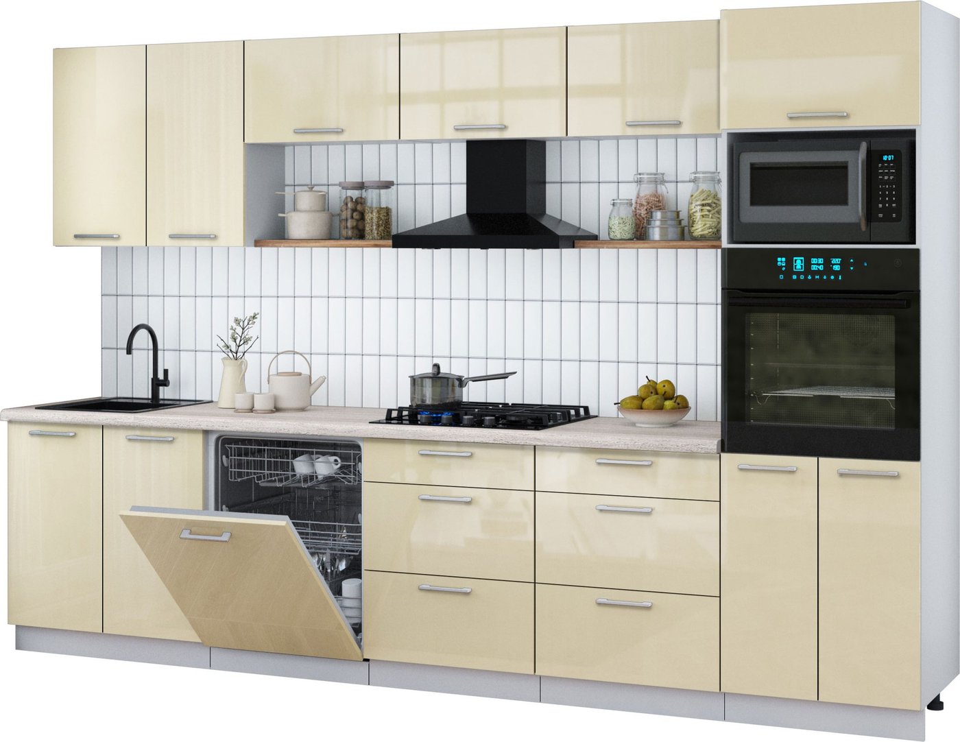 

Готовая кухня Интерлиния Мила Gloss 3.2-ПМ1 (ваниль глянец/ваниль глянец/травертин серый)