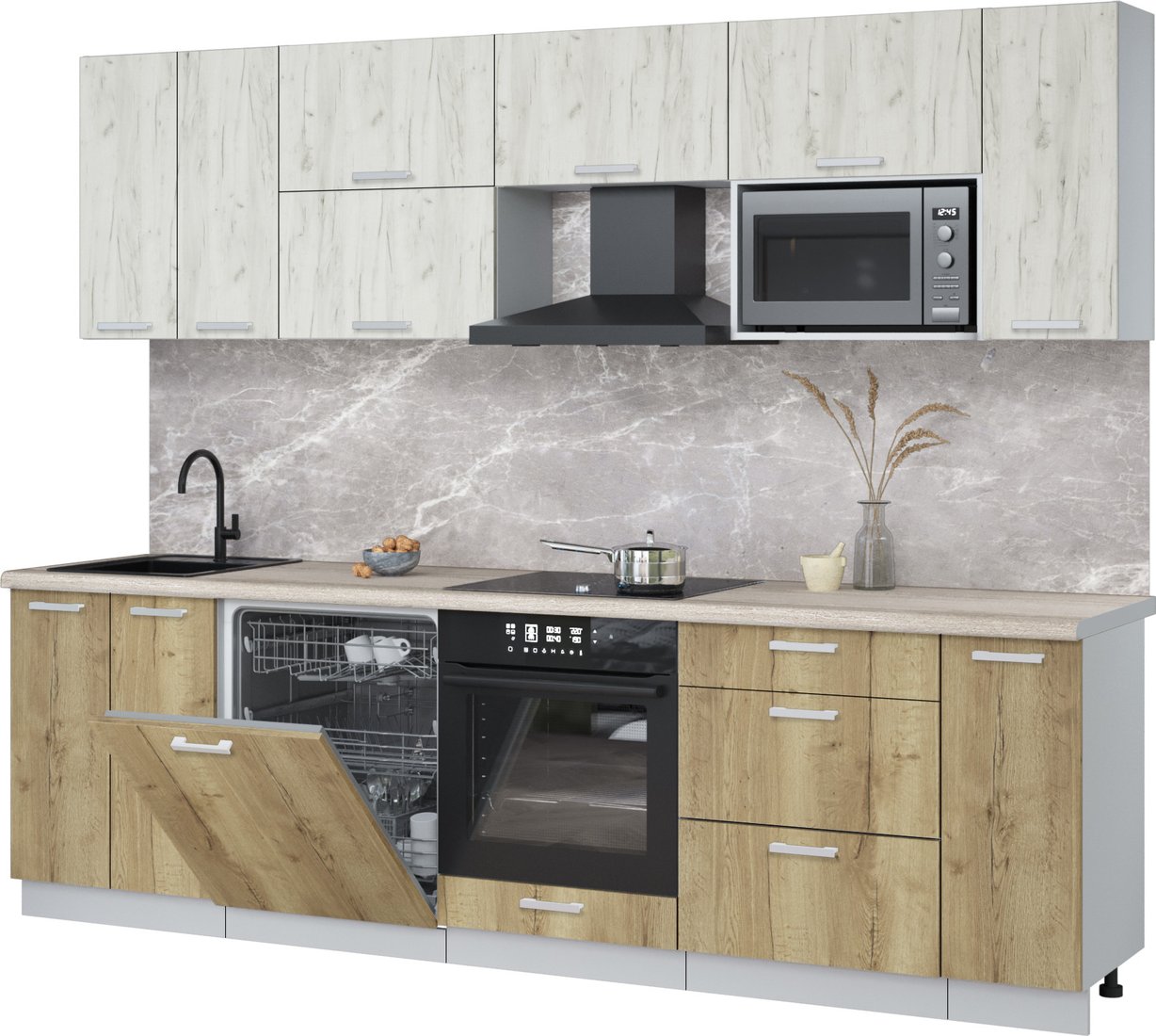 

Готовая кухня Интерлиния Мила Лайт 2.7-ПМ2 (дуб белый/дуб золотой/травертин серый)