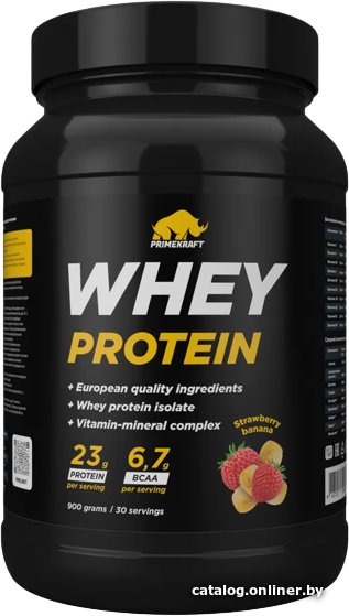 Протеин сывороточный (концентрат) Prime Kraft Whey Protein с витаминами и минералами (900г, клубника/банан)