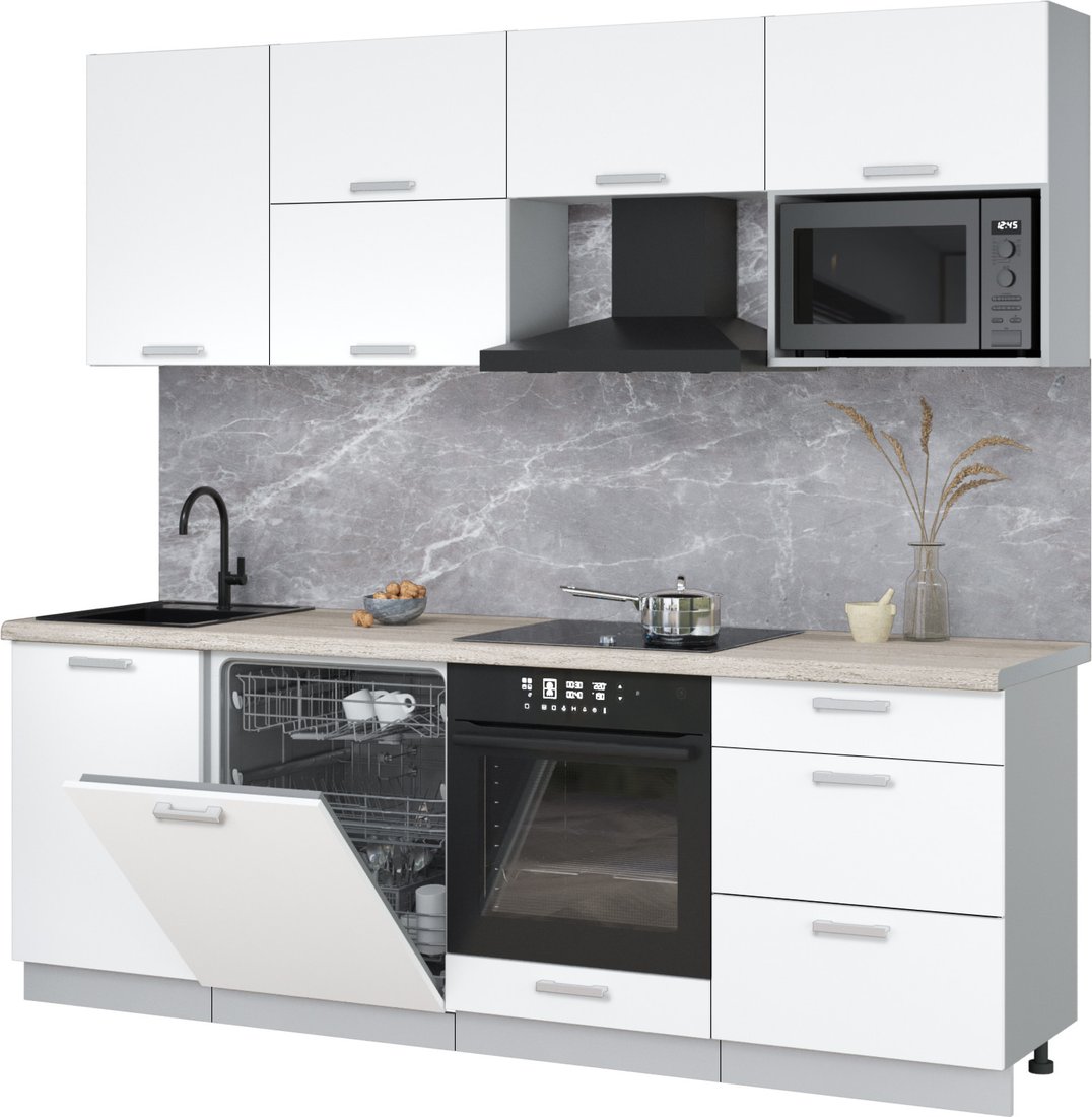 

Готовая кухня Интерлиния Мила Лайт 2.3-ПМ2 (белый платинум/белый платинум/травертин серый)