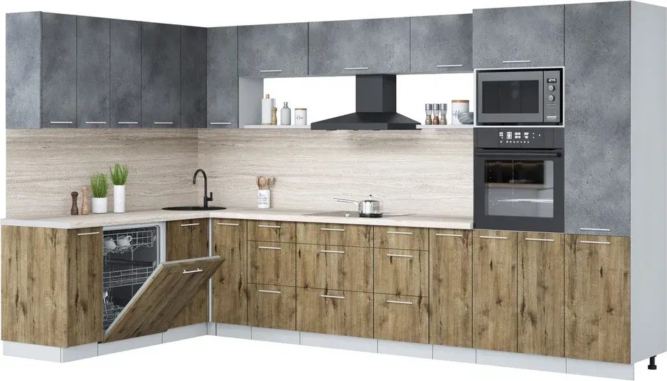 

Готовая кухня Интерлиния Мила Лайт 1.896х3.58 (бетон портленд/дуб веллингтон/травертин серый)