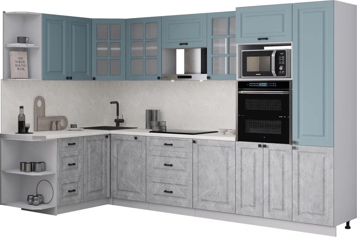 

Готовая кухня Интерлиния Мила Деко 1.68x3.2 LV (керамика/океан/опал светлый)