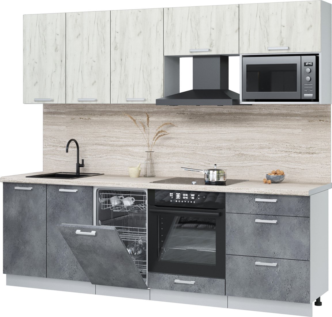 

Готовая кухня Интерлиния Мила Лайт 2.45-ПМ4 (дуб белый/бетон портленд/травертин серый)