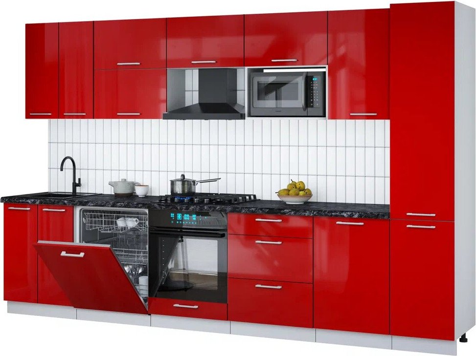 

Готовая кухня Интерлиния Мила Gloss 3.3-ПМ2 (красный глянец/красный глянец/кастилло темный)