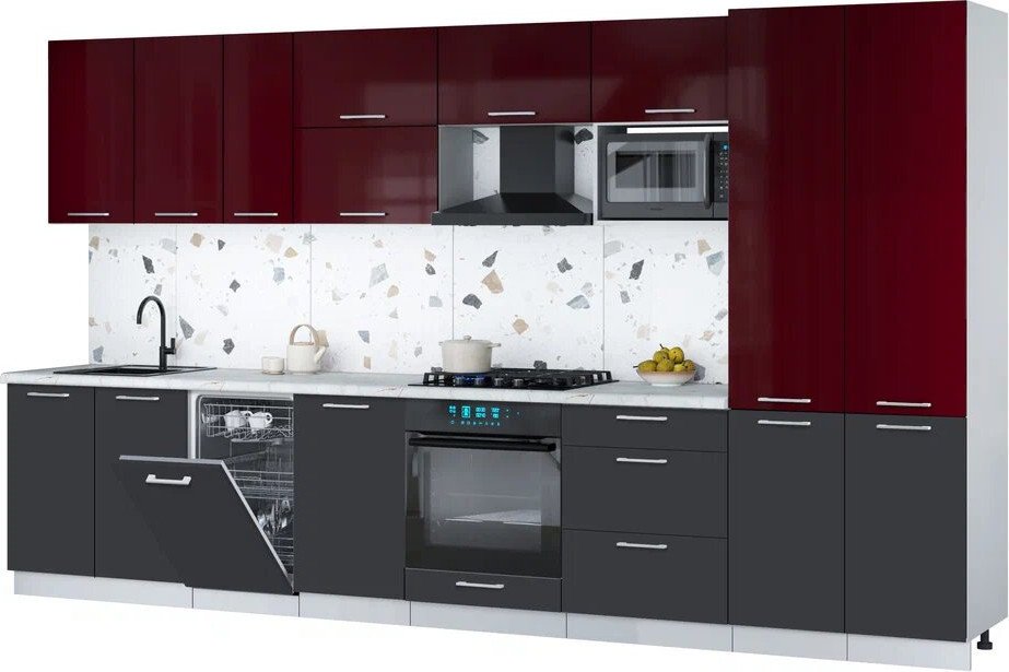 

Готовая кухня Интерлиния Мила Gloss 3.7-ПМ4 (пепел/бордовый глянец/серый каспий)