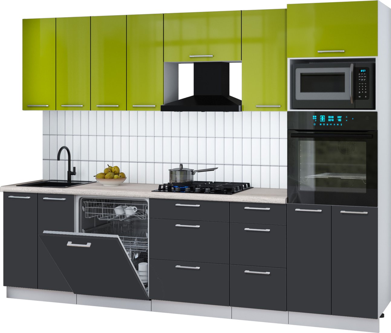 

Готовая кухня Интерлиния Мила Gloss 2.8-ПМ1 (пепел/яблоко глянец/травертин серый)