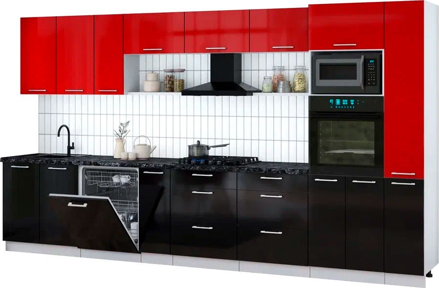 

Готовая кухня Интерлиния Мила Gloss 3.8-ПМ1 (черный глянец/красный глянец/кастилло темный)