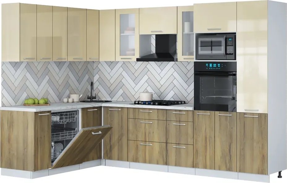 

Готовая кухня Интерлиния Мила Gloss 1.896х2.98 (дуб вотан/ваниль глянец/серый каспий)