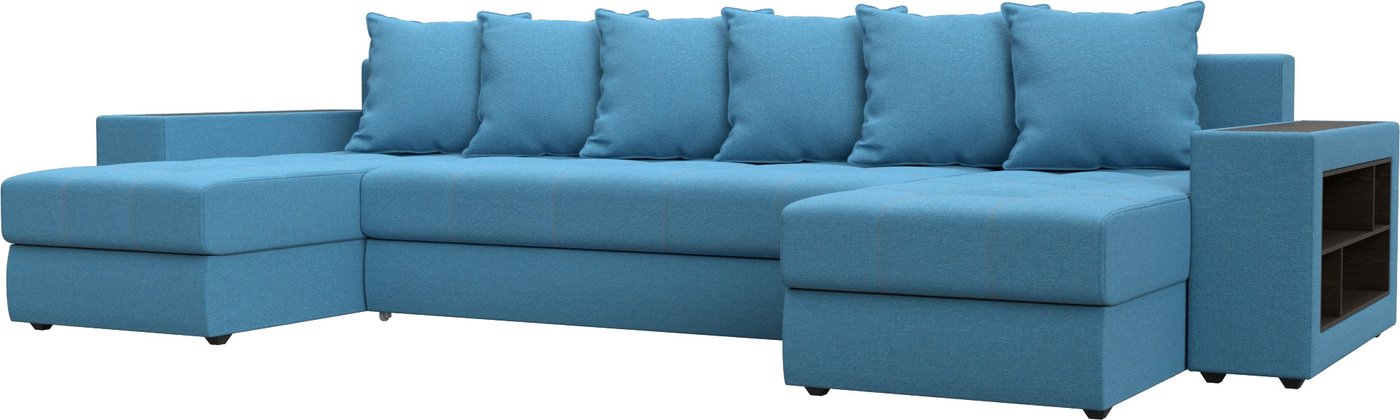 

П-образный диван Лига диванов Дубай полки справа 123248 (рогожка амур голубой)