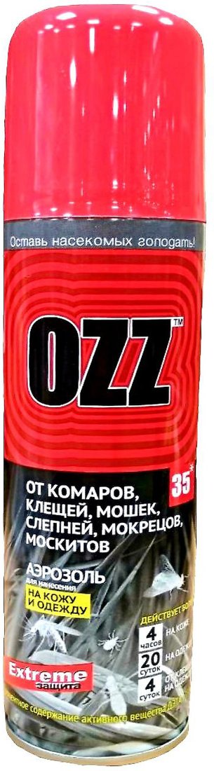 

Аэрозоль против насекомых Ozz Extreme 35 от комаров, клещей, мошек, слепней, мокрецов и москитов 150 мл