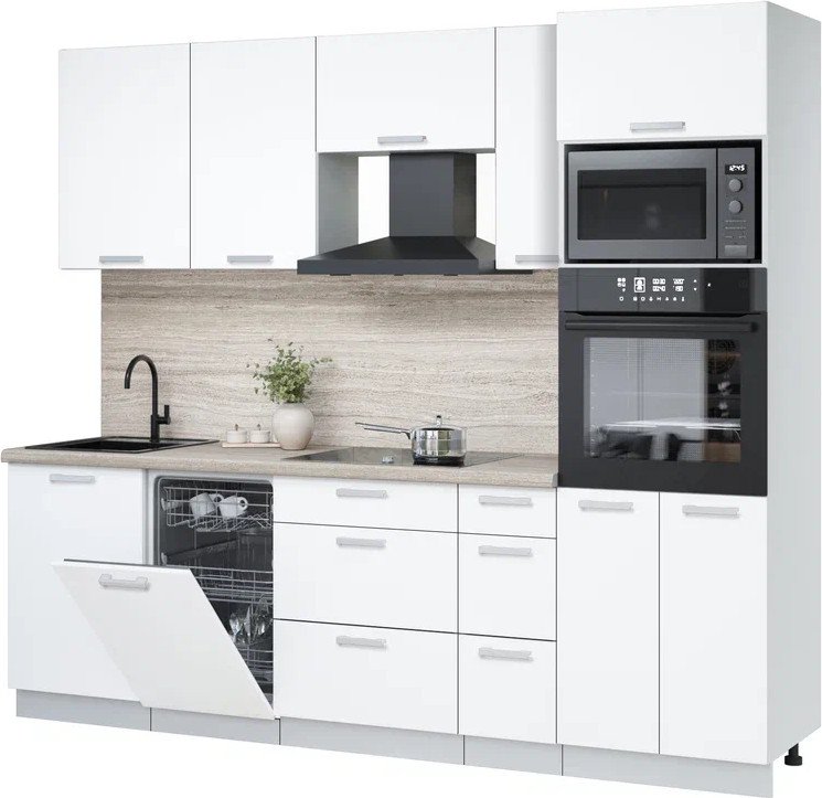 

Готовая кухня Интерлиния Мила Лайт 2.45-ПМ3 (белый платинум/белый платинум/травертин серый)