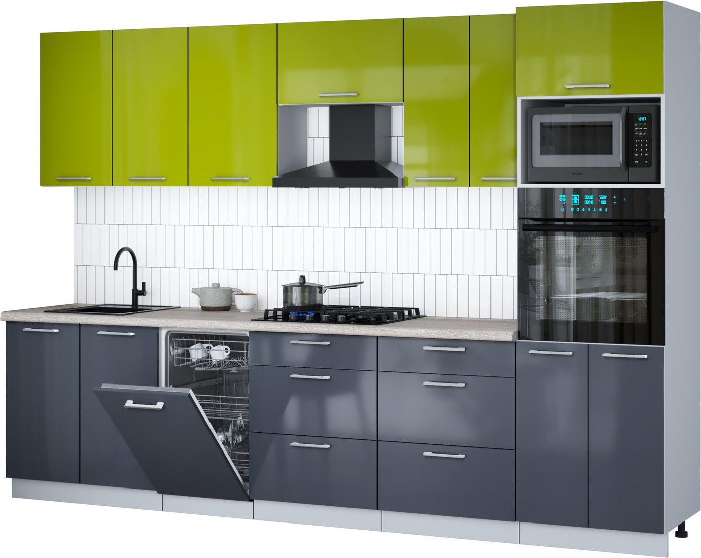 

Готовая кухня Интерлиния Мила Gloss 3.05-ПМ3 (асфальт глянец/яблоко глянец/травертин серый)