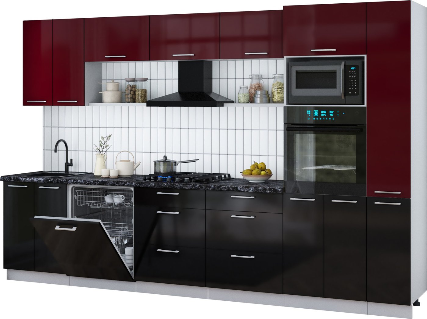 

Готовая кухня Интерлиния Мила Gloss 3.3-ПМ1 (черный глянец/бордовый глянец/кастилло темный)