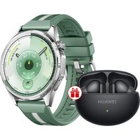 Умные часы Huawei Watch GT 6 46 мм (серебристый, с зеленым плетеным ремешком, международная версия) + наушники Huawei FreeBuds 6i по акции