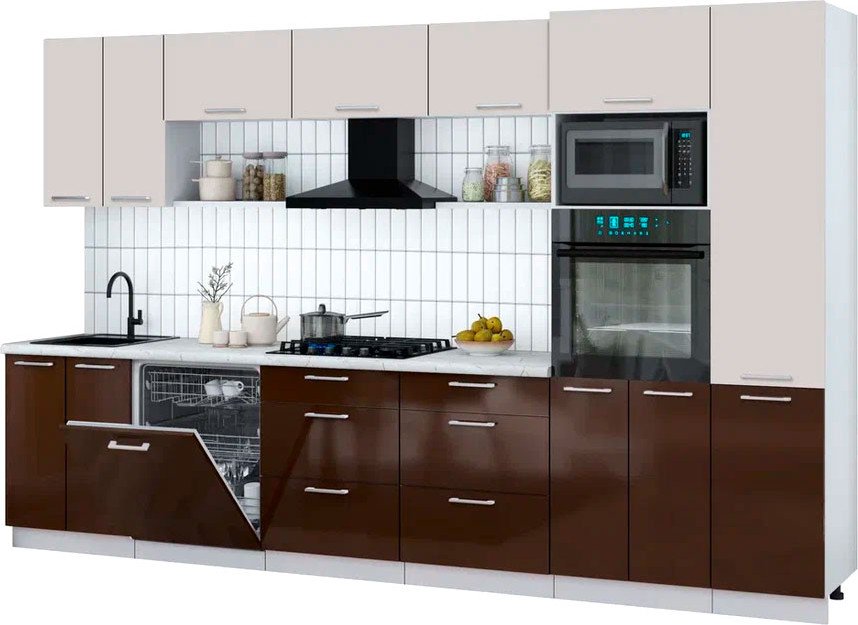 

Готовая кухня Интерлиния Мила Gloss 3.4-ПМ1 (шоколад глянец/кашемир/серый каспий)