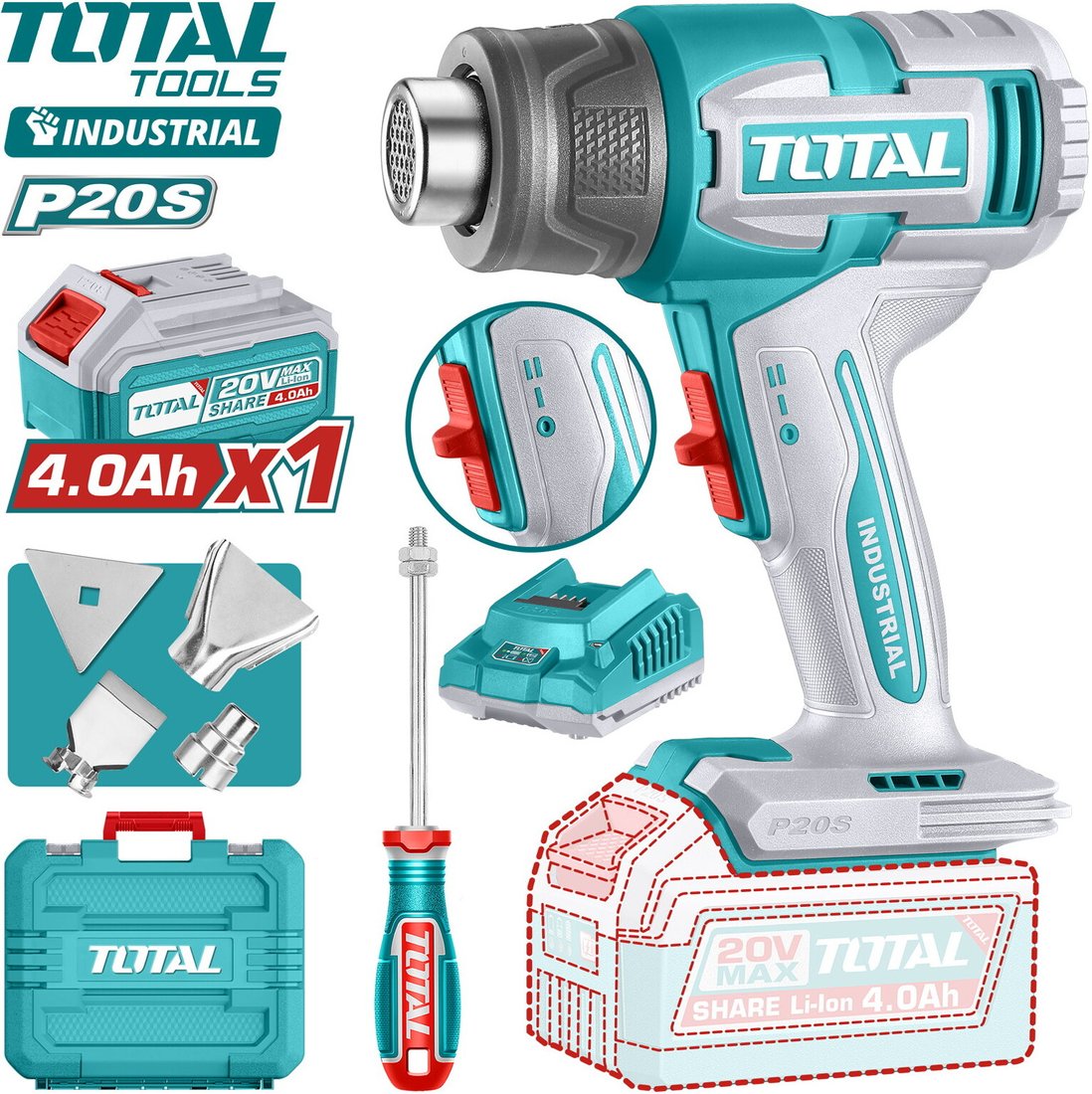 Промышленный фен Total TBLI20065 (с 1-им АКБ, кейс)