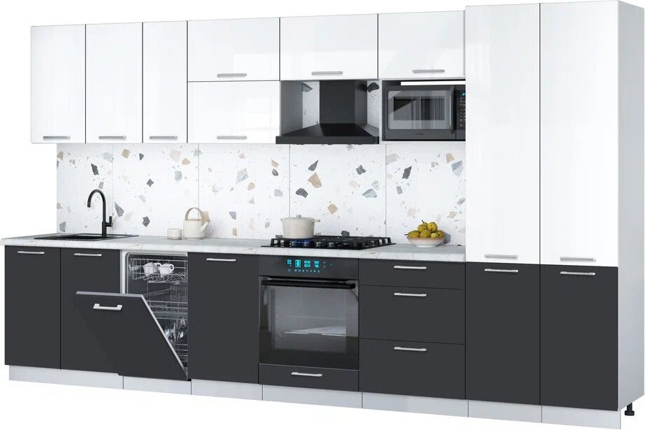 

Готовая кухня Интерлиния Мила Gloss 3.7-ПМ4 (пепел/белый глянец/серый каспий)