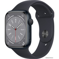 Умные часы Apple Watch Series 8 45 мм (алюминиевый корпус, полуночный/полуночный, спортивный силиконовый ремешок S/M)