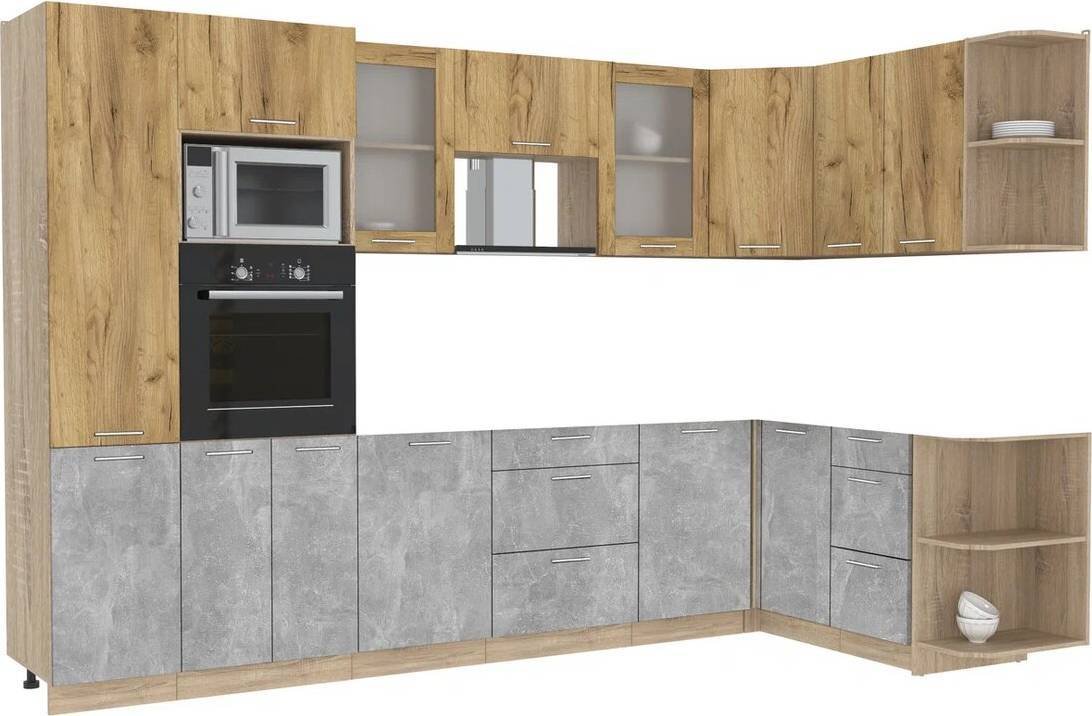 

Готовая кухня Интерлиния Мила 1.68x3.2 правая без столешницы (дуб золотой/бетон)