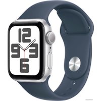 Умные часы Apple Watch SE 2 40 мм (алюминиевый корпус, серебристый/грозовой синий, спортивный силиконовый ремешок S/M)