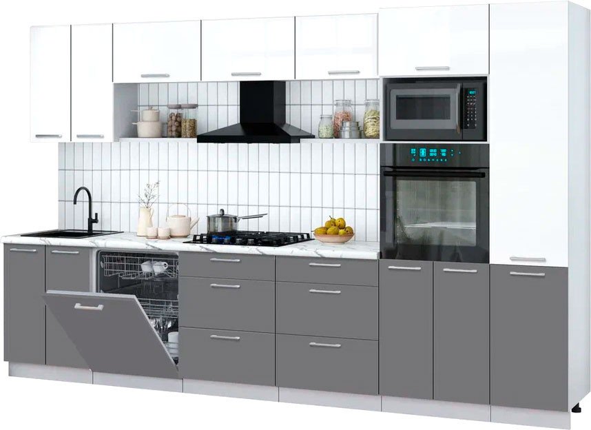 

Готовая кухня Интерлиния Мила Gloss 3.4-ПМ1 (серый/белый глянец/белый гранит)