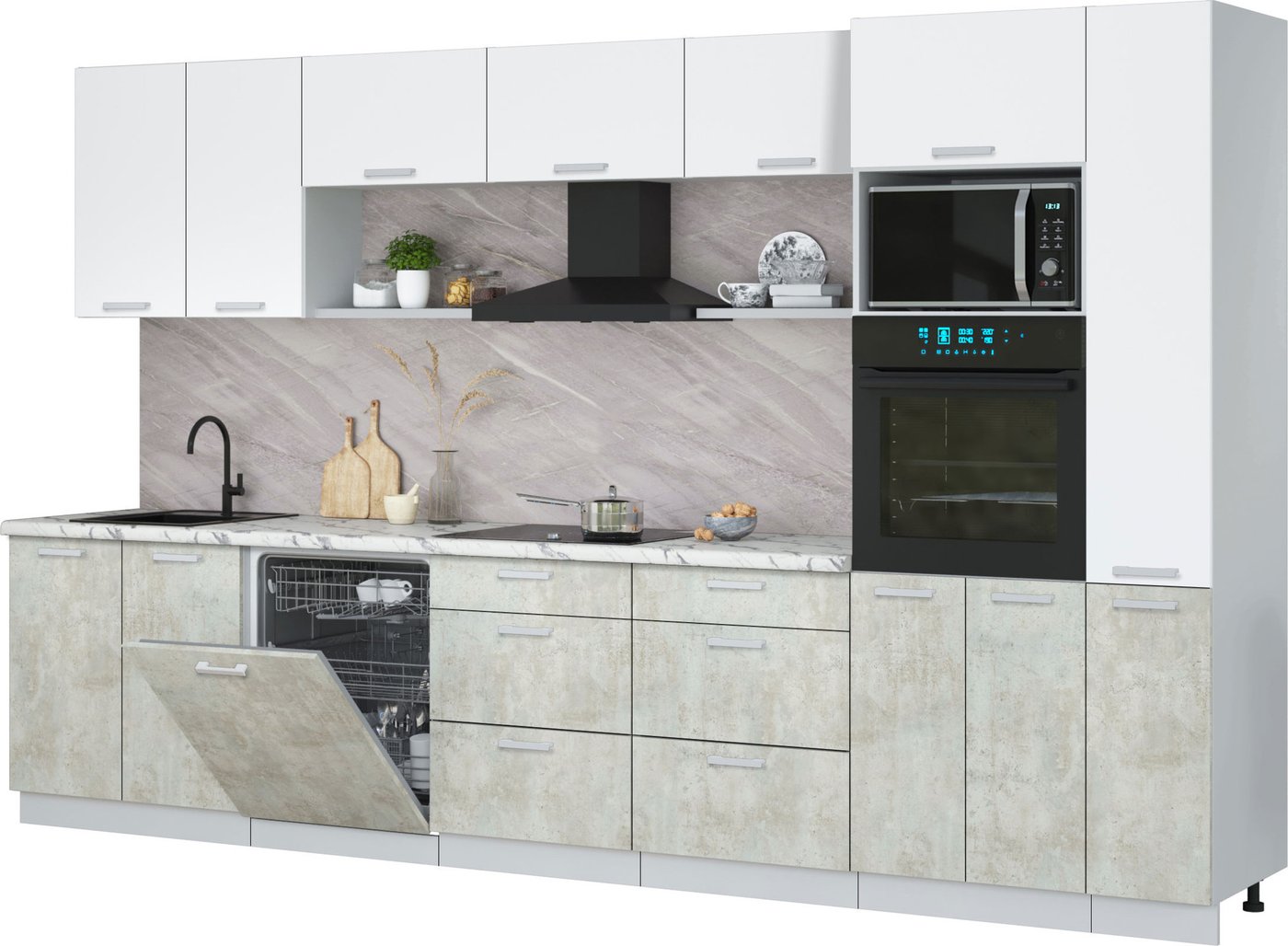 

Готовая кухня Интерлиния Мила Лайт 3.5-ПМ1 (белый платинум/бетон лайт/белый гранит)