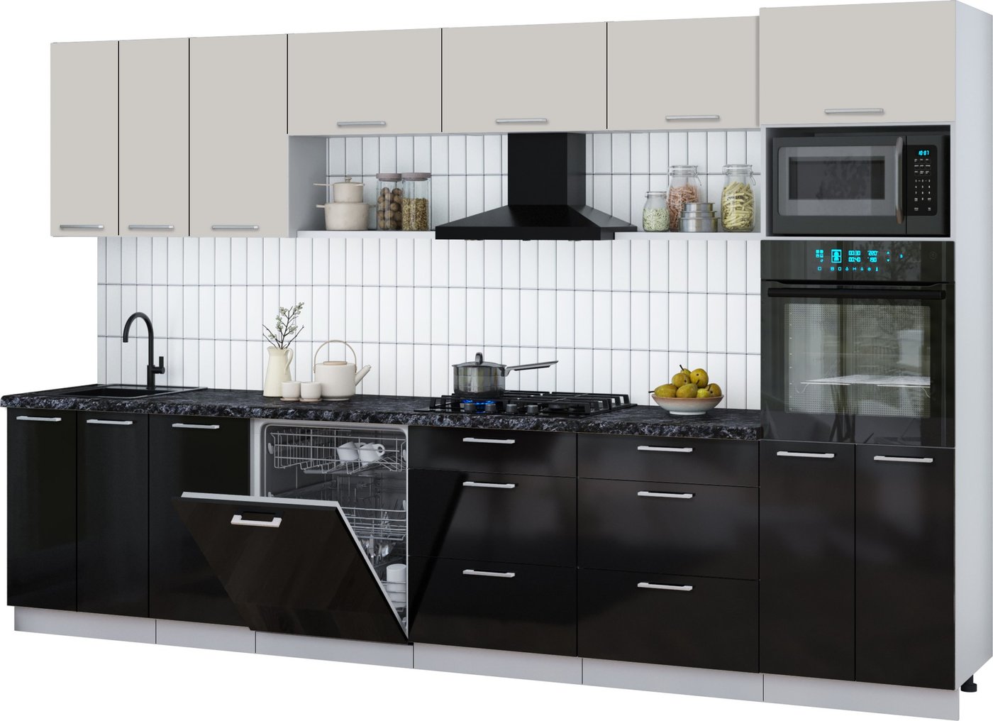 

Готовая кухня Интерлиния Мила Gloss 3.4-ПМ1-2 (черный глянец/кашемир/кастилло темный)