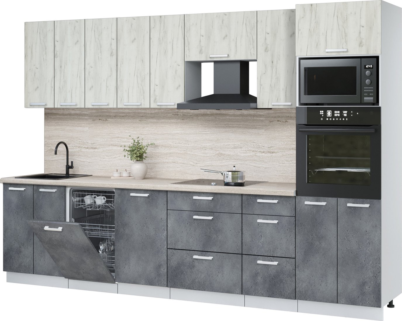 

Готовая кухня Интерлиния Мила Лайт 3.1-ПМ3 (дуб белый/бетон портленд/травертин серый)